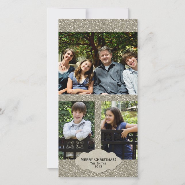 Justerbart 3-fotopriskort för Glitter i silver Julkort (Framsida)