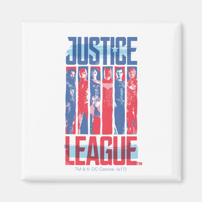 Justice League | Blått och rött grupputkast Magnet (Framsidan)