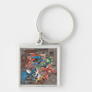 Justice League Collage Fyrkantig Silverfärgad Nyckelring