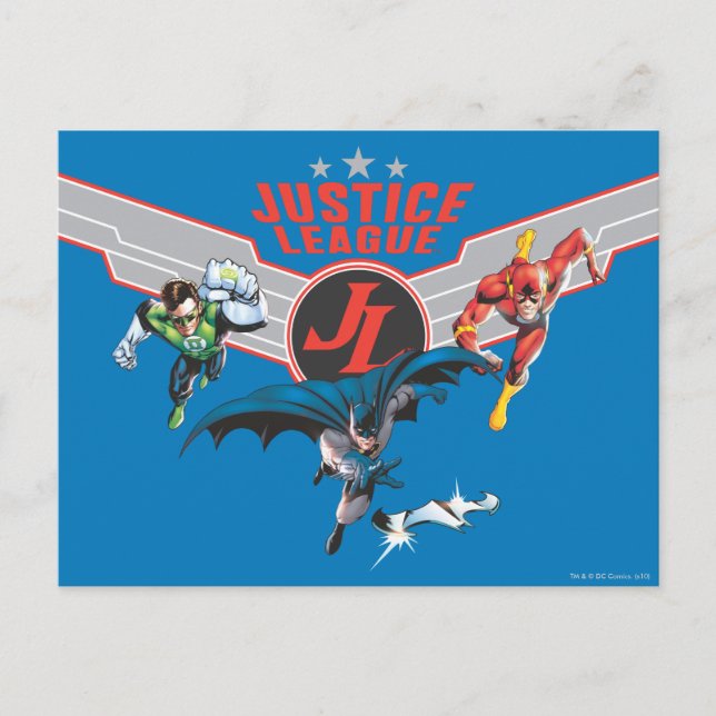 Justice League Flies Luft Badge and Heroes Vykort (Framsida)