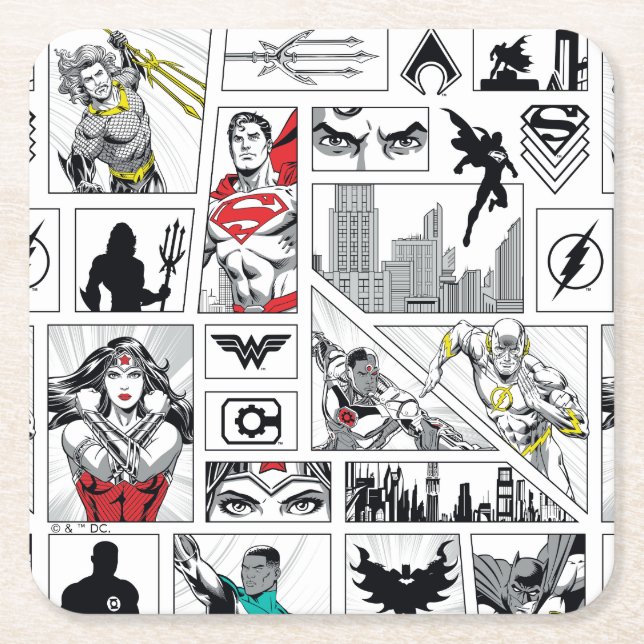 Justice League Heroisk Panel Mönster Underlägg Papper Kvadrat (Framsidan)