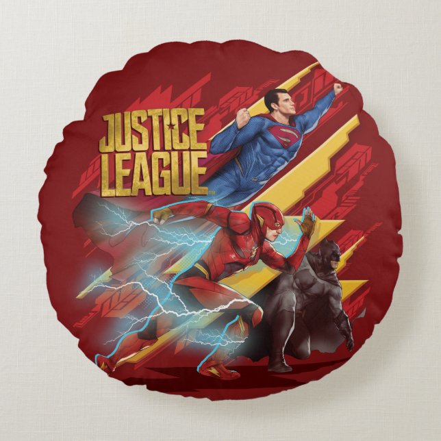 Justice League | Superman, Flash och Batman Badge Rund Kudde (Framsidan)