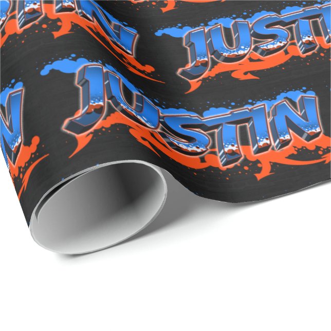 Justin Vorname Name Graffiti blue orange Presentpapper (Rullad Hörn)