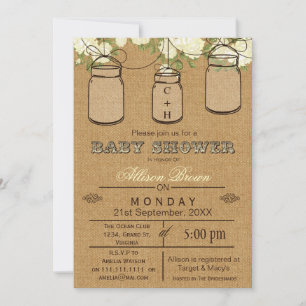 Jute, murskt glas, rustika baby shower-inbjudninga inbjudningar