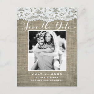 Jute & Spets Enkel Rustik Fotografi Save the Date Meddelande Vykort