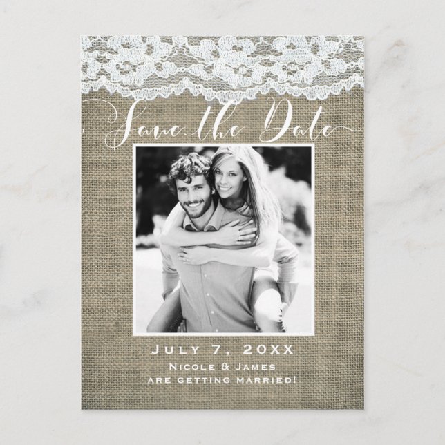 Jute & Spets Enkel Rustik Fotografi Save the Date Meddelande Vykort (Framsida)