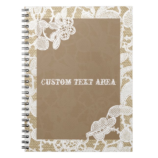 Jute & Vit Blommig Spets Elegant Rustik Journal Anteckningsbok (Framsidan)