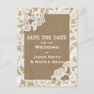 Jute & Vit Blommig Spets Rustik Save The Date Meddelande Vykort