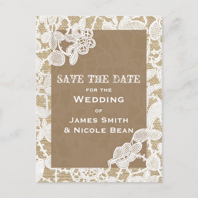Jute & Vit Blommig Spets Rustik Save The Date Meddelande Vykort (Framsida)