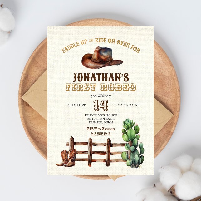 Jutesäck Falskt Guld Cowboy Första Rodeo Inbjudningar (Skapare uppladdad)