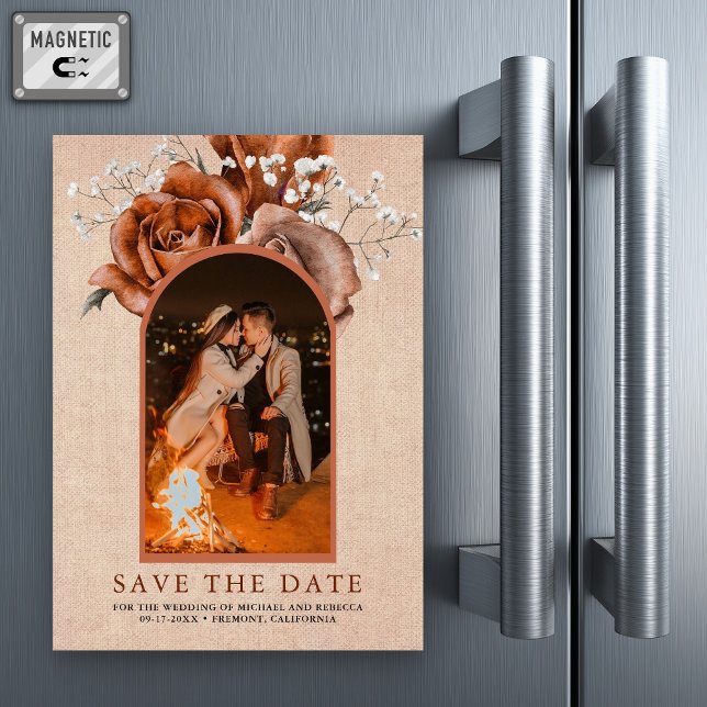 Jutesäck Terrakotta Bröllopsfoto Save the Date Magnetisk Inbjudningskort (Skapare uppladdad)