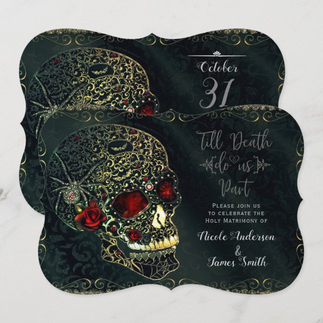 Juvelbesatt spindelkalle & rosor Glam Gothic bröll Inbjudningar (Fram/baksida)