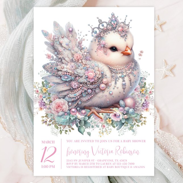 Juvelprydd Kyckling Baby Shower Inbjudningar (Precious jeweled chick with crown on a pretty pastel floral background. )
