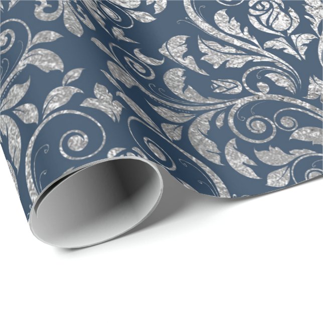 Juvelry Royal Ornamet Damask Blue Navy Silver Presentpapper (Rullad Hörn)