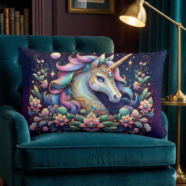 Juveltonad Enhörning Blommig Fantasi Lumbarkudde (Jewel Toned Unicorn Floral Fantasy Lumbar Pillow Mockup A)
