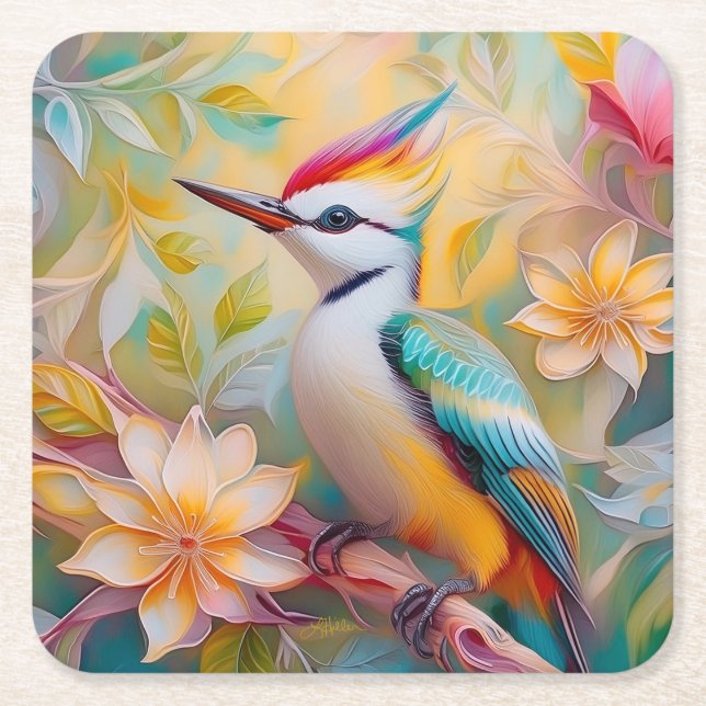 Juvenile Rainbow Woodpecker Fantasy Bird Underlägg Papper Kvadrat (Framsidan)