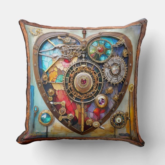 Juwelen Och Färgat Glas Hjärta Steampunk Serie Kudde (Framsida)