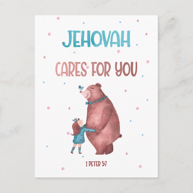 JW Kids Gift-1 Peter 5:7 Jehovah bryr sig inte om  Vykort (Framsida)