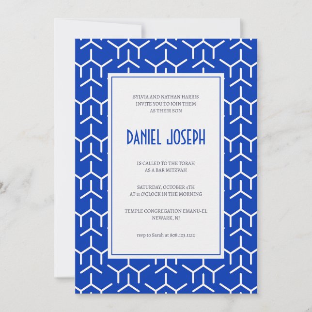 Jweish Blue modern mönster Pub Mitzvah-inbjudan Inbjudningar (Framsida)