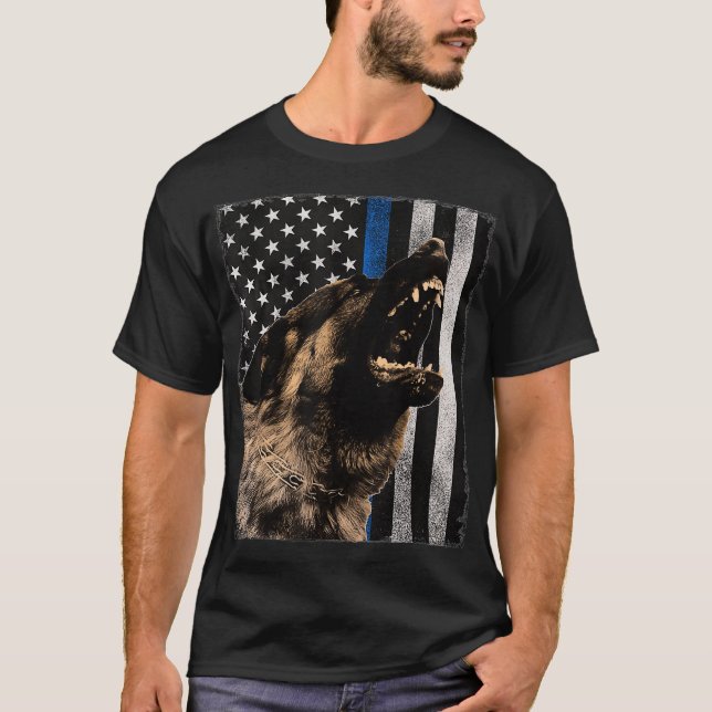 K9 Hund Handler Blue Line German Sheperd T Shirt (Framsida)