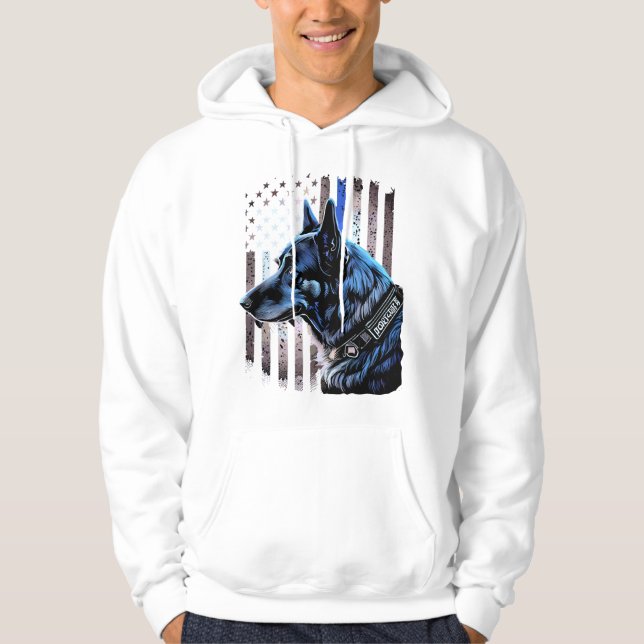 K9 Tysk Shepherd Police Hund Thin Blue Line Flagga Hoodie (Framsida)