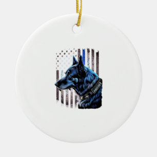 K9 Tysk Shepherd Police Hund Thin Blue Line Flagga Julgransprydnad Keramik