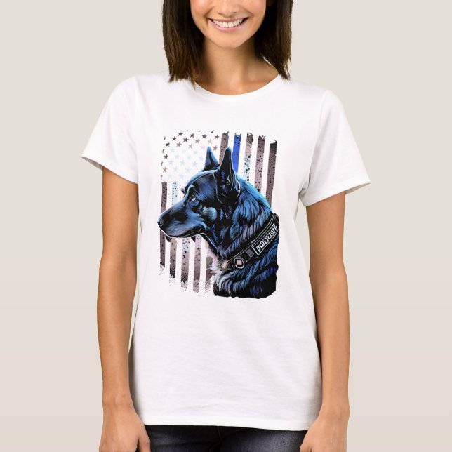 K9 Tysk Shepherd Police Hund Thin Blue Line Flagga T Shirt (Framsida)