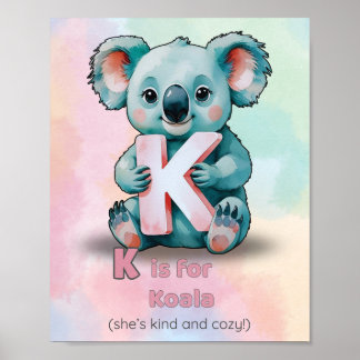 K är för Koala - Cute Alphabet Wall Art för Nurser Poster