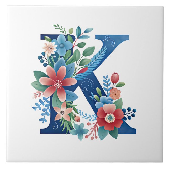"K" blå monogram, utformning av blommigt, Kakelplatta (Framsidan)