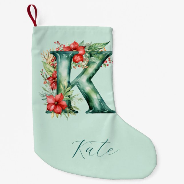(k) Blommigt Monogram Grönt Vattenfärgsdekoration  Liten Julstrumpa (Framsidan)