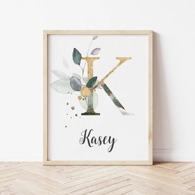 K Bokstavsmonogram Greenery Nursery Namn Väggutskr Poster (Skapare uppladdad)