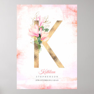 K Bokstavsmonogram Guldblad Rosa Magnolia Blommig Poster