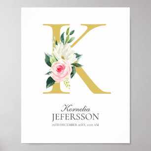 K Bokstavsmonogram med blommor Affisch