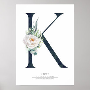 K Bokstavsmonogram Vita Blommor och Grönska Poster
