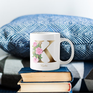 K Brev Guld Monogram ROSA ROS BLOMMIGT Jumbo Mugg