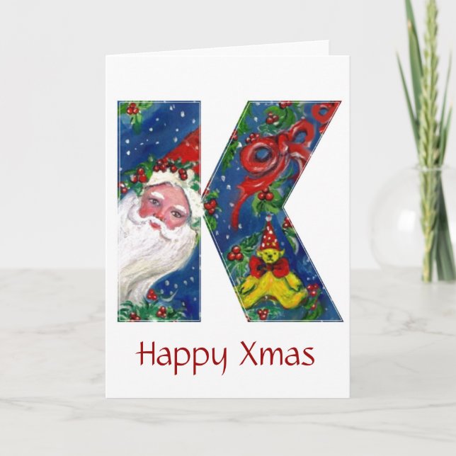 K BREV / JULTOMTEN MED RÖD RIBONMONOGRAM HELGKORT (Framsida)