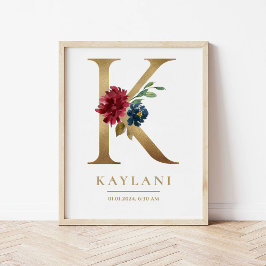 K Brev Monogram Namn Marsala Blommigt Nursery Poster