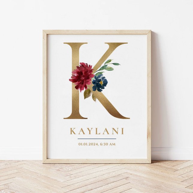 K Brev Monogram Namn Marsala Blommigt Nursery Poster (Skapare uppladdad)