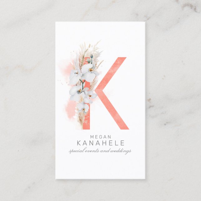 K Brev Monogram White Orchids och Pampas Grass Visitkort (Framsida)