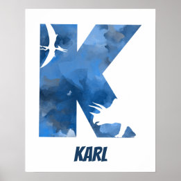 "K" Dinosaur Watercolor Blue Child's Namn Poster