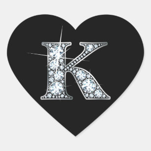 "K" Faux-"Diamond Bling" på Black Heart Sticker Hjärtformat Klistermärke