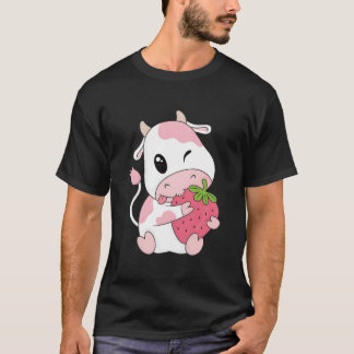 K Jordgubbs Ko Tryck Kawaii Djur T Shirt