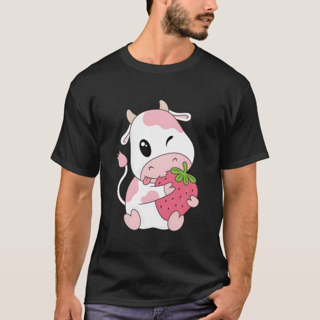 K Jordgubbs Ko Tryck Kawaii Djur T Shirt (Framsida)