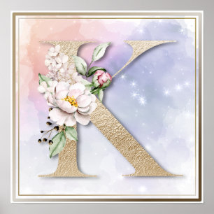 K Monogram Burgunder Blommig Affisch