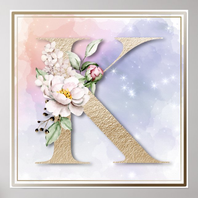 K Monogram Burgunder Blommig Affisch (Framsidan)