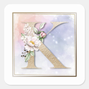 K Monogram Burgunder Blommig Fyrkantig Klistermärk Fyrkantigt Klistermärke