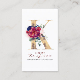 K Monogram Burgundy Guld och Navy Blue Blommigt Visitkort