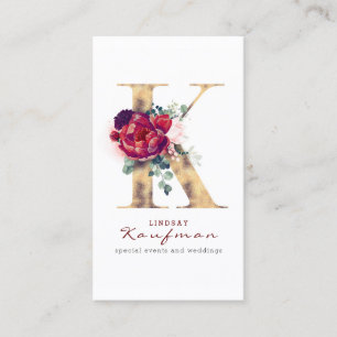 K Monogram Burgundy Red Blommigts och Guld Glitter Visitkort