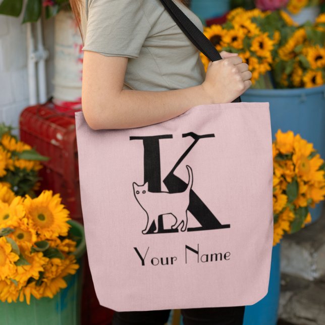 K Monogram Kat Lover  Rosa och svart Tote Bag Tygkasse (Skapare uppladdad)