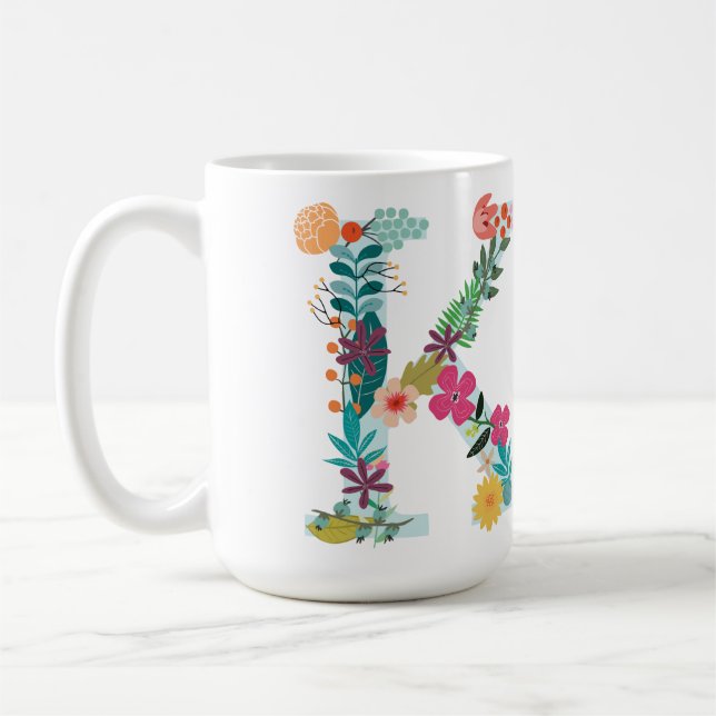 K Monogram Mugg, Blommigt K Initial, Botaniskt Kaffemugg (Vänster)